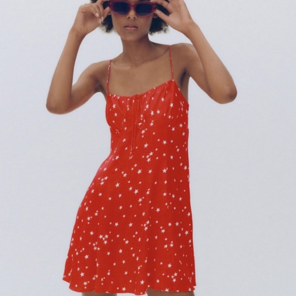 NEW Zara Red Micro Star Print Satin Knit Sleeveless Popover Mini Dress Sz XS